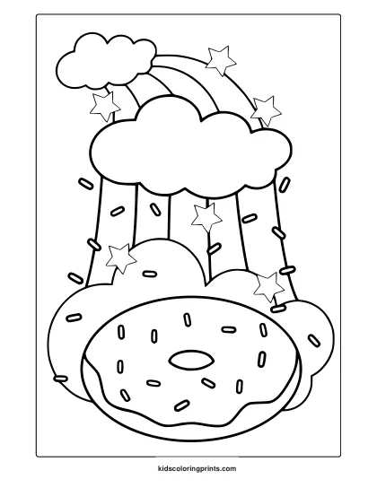Donut Coloring Page With Rainbow Sprinkles, Fluffy Cloud, And Star Decorations.