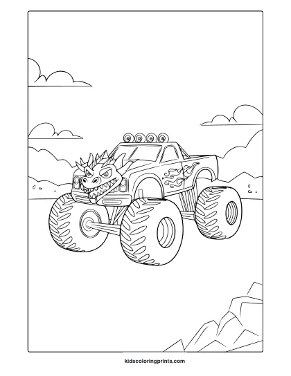 Dragon Monster Truck With Flames And Spikes On Rocky Terrain, Fierce And Fantasy Inspired Coloring Page.
