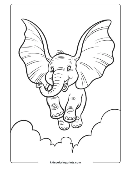 Coloring Page Of Dumbo Flying High With His Large Ears.