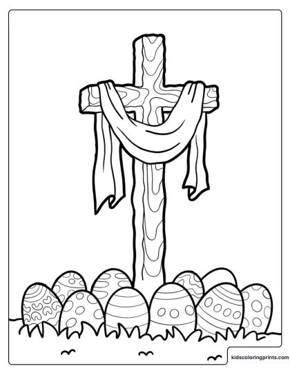 Easter Cross With Draped Cloth And Eggs Coloring Page