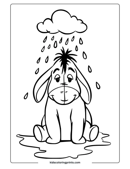 Gloomy Eeyore Coloring Page With Rain Falling From A Cloud Coloring Page.