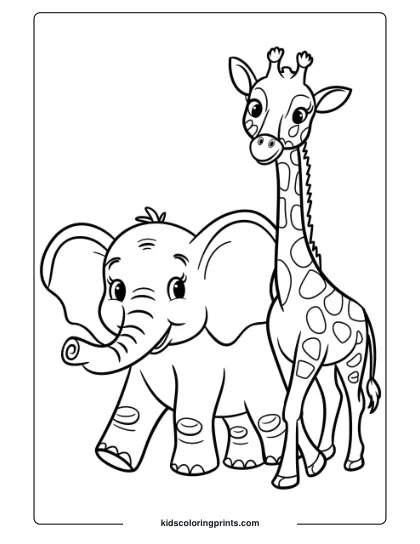 Coloring Page Of An Elephant And Giraffe Strolling Together.