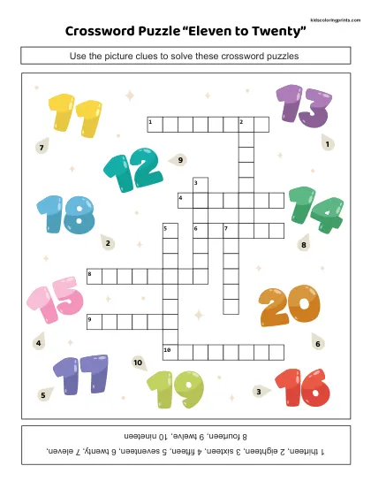 Free Printable Crossword Puzzle For Numbers Eleven To Twenty.