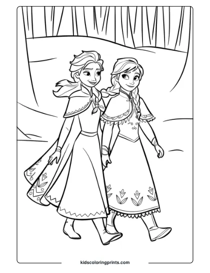 Elsa And Anna Walking In A Winter Wonderland In This Printable Coloring Page, Showcasing Their Adventure In A Snowy Setting.