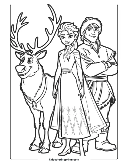 Elsa With Sven And Kristoff Preparing For A Winter Journey In This Coloring Page, Showcasing Their Bond And Adventure.