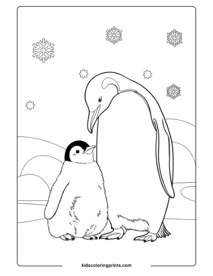 An Emperor Penguin And Its Chick Huddling In A Winter Landscape, A Touching Family-Themed Coloring Page.