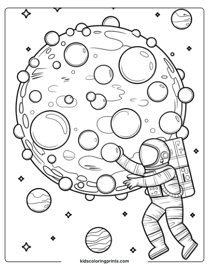 Coloring Page Of An Astronaut Exploring A Bubble Planet With Craters, Floating Amidst Stars In Outer Space.