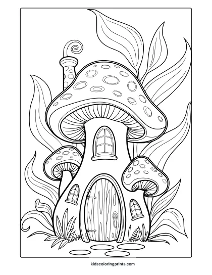 Fairy-Tale Mushroom House With Red Spotted Cap And Leafy Surroundings In This Magical Coloring Page.