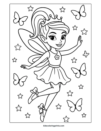 Fairy Princess Coloring Page With Crown, Butterflies, And Dancing Pose.