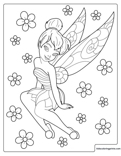 Fairy Coloring Page Showing A Beautiful Fairy Sitting Among Blooming Flowers.