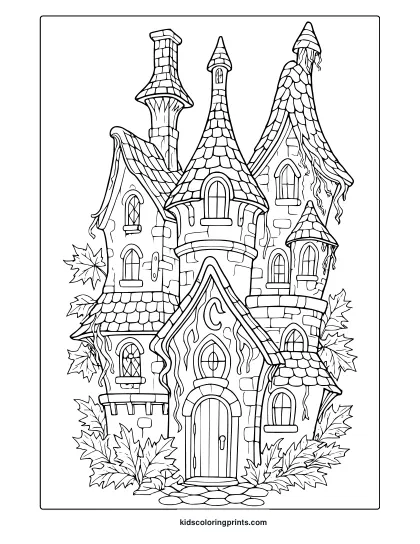 Fairytale Castle Coloring Page With Towers, Windows, And Detailed Stone Texture.