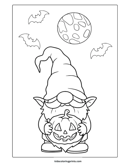 Halloween Gnome With Pointed Hat Holding A Jack O Lantern With Bats And Moon In A Coloring Page.