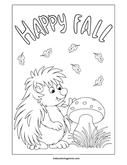 Cartoon Hedgehog Next To Spotted Mushroom With Oak Leaves In A Fall Themed Coloring Page.
