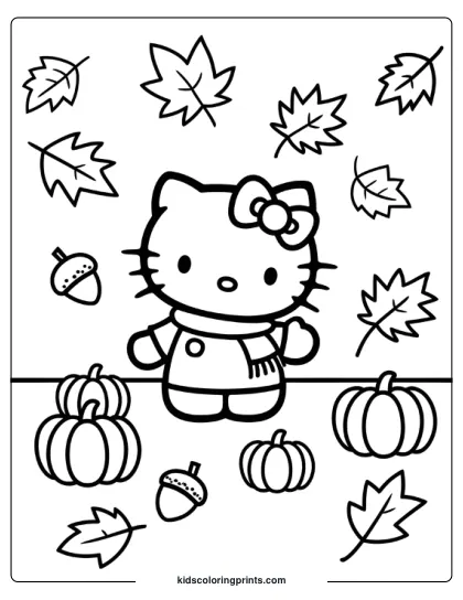 Hello Kitty Fall Coloring Page