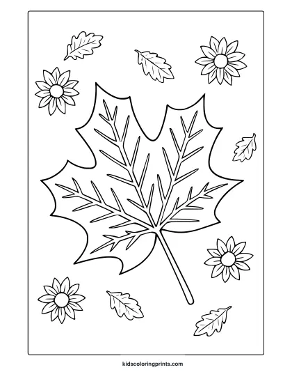 Large Maple Leaf With Small Sunflowers And Autumn Leaves In A Fall Themed Coloring Page.