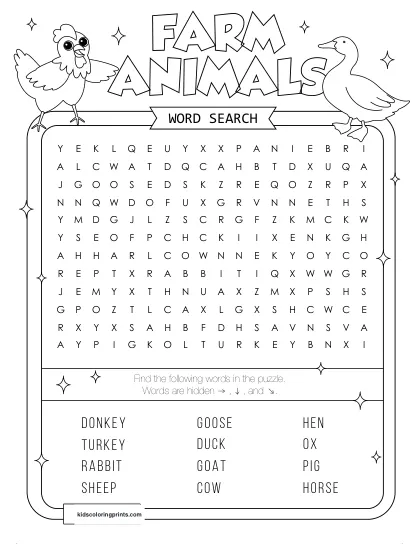 Free Printable Farm Animals Word Search Puzzle With 12 Animals From Cow To Sheep.