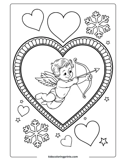 A Heart-Shaped Frame With A Flying Cherub, Perfect For A Valentine's Day Coloring Page.