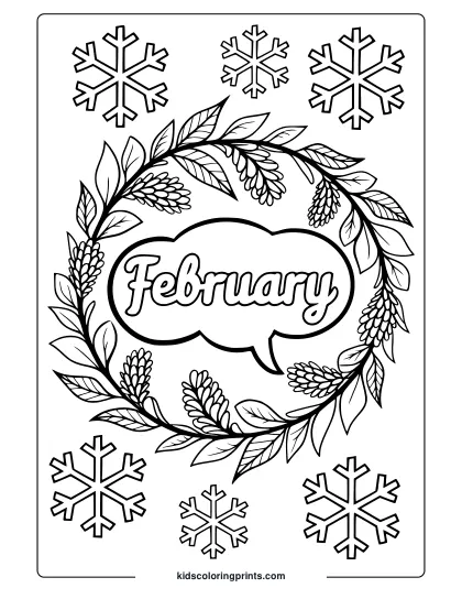 An Adult-Friendly February Coloring Page With A Wreath And Symmetrical Snowflakes.