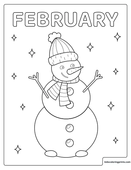 Winter Coloring Page With A Cheerful Snowman Wearing A Hat And Scarf.