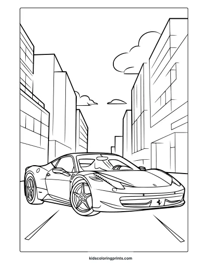 A Ferrari Sports Car In A City Setting With Tall Buildings, An Exciting Ferrari Car Coloring Page.