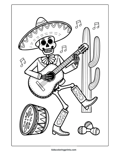 A Fifth Of May Coloring Page Featuring A Mariachi Skeleton In A Sombrero Playing A Guitar, With Musical Notes And A Drum.