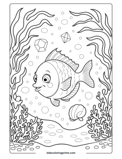 A Curious Fish Explores Hidden Jewels And Bubbles In An Ocean Scene That Invites Playful Coloring.