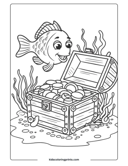 A Playful Fish Explores A Sunken Treasure Chest, Complete With Bubbles And Sea Plants, Perfect For Imaginative Coloring.