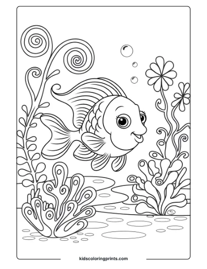 A Fish Swims In An Underwater Garden Surrounded By Plants And Bubbles, Making A Lively, Nature-Filled Coloring Page.