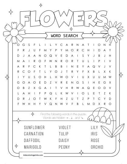 Free Printable Flowers Word Search Puzzle With 12 Words From Rose To Tulip.