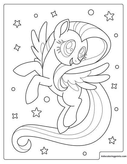 My Little Pony Coloring Page Featuring A Happy Pony Flying Among Stars With A Rainbow Tail.