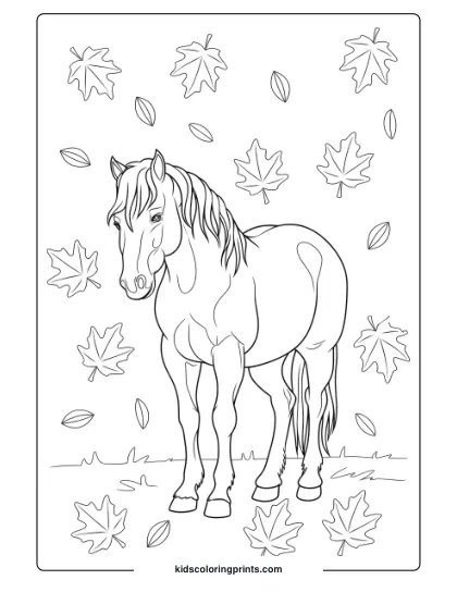 A Horse In Autumn Leaves, Creating A Seasonal Coloring Page With Natural Beauty.