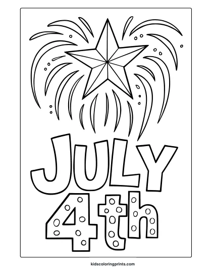 Fourth Of July Coloring Page With Bold Star And Fireworks Elements In A Patriotic Style For Kids.