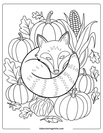 Fox Coloring Page With A Fox Nestled Among Pumpkins And Harvest Vegetables, Creating A Warm, Autumn-Inspired Scene.