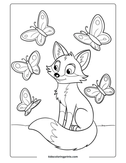 Fox Coloring Page Of A Fox Surrounded By Butterflies, Ideal For Adding Color And Life To A Natural Setting.