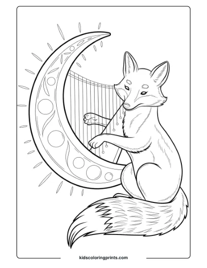 Fox Coloring Page Of A Fox Playing A Harp Under A Crescent Moon, Adding A Tranquil, Luminous Touch To A Starry Night Scene.
