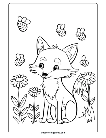 Fox Coloring Page Of A Fox Surrounded By Bees And Flowers, Capturing The Playfulness Of A Summer Meadow.