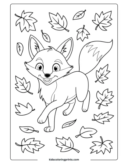 Fox Coloring Page Of A Fox Among Autumn Leaves, With Lighthearted Vibes In A Festive Fall Setting, Perfect For Coloring.