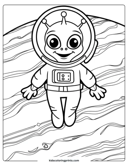 Coloring Page Of An Alien Floating Above A Planet, Possibly Jupiter, With Waves And Stripes Adding Cosmic Detail.