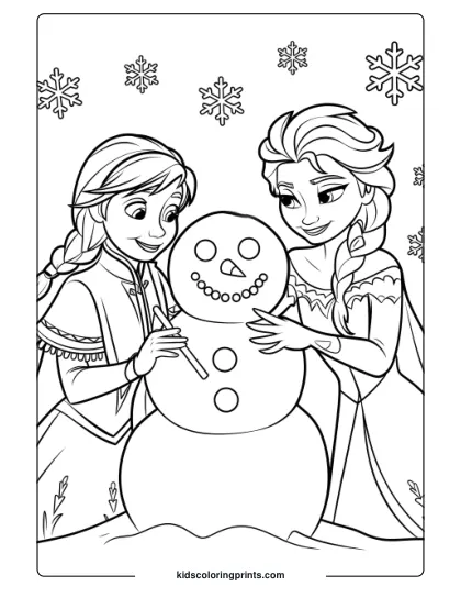 Anna And Elsa Building A Snowman In This Printable Coloring Page, Capturing A Joyful Winter Moment Between The Two Frozen Sisters.