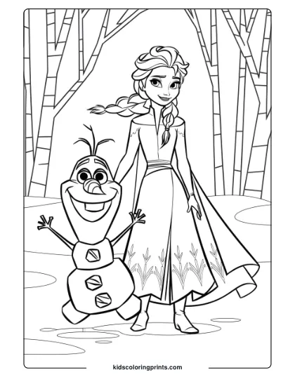 Elsa With Olaf In The Frozen Forest In This Coloring Page, Highlighting Their Friendship And Winter Adventure.