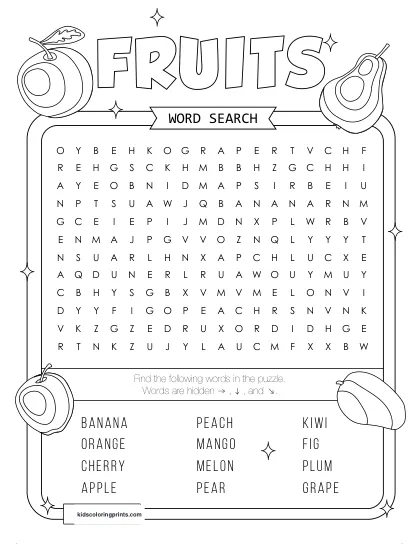 Free Printable Fruits Word Search Puzzle With 12 Fruits From Apple To Mango.