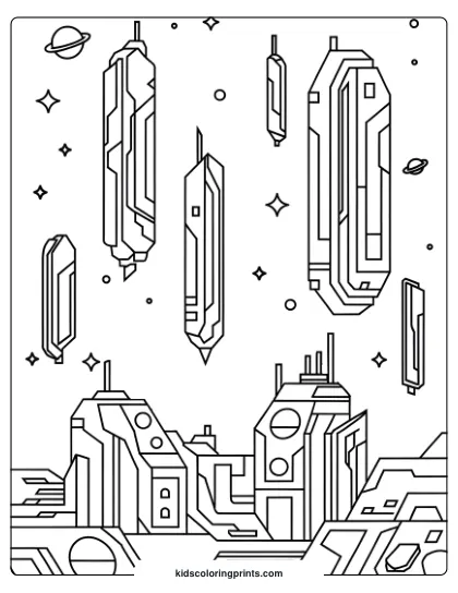 Coloring Page Of A Galactic City With Futuristic Skyscrapers And Stars, Perfect For An Imaginative Space Scene.