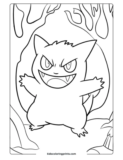 Gengar Coloring Page Featuring Gengar In A Haunted Forest, Standing Among Twisted Trees.