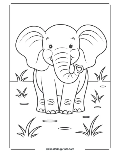Coloring Page Of A Gentle Cartoon Elephant In The Grass.