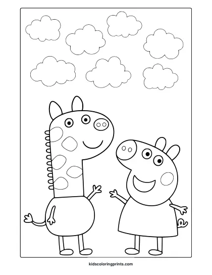 Peppa Pig And Gerald Giraffe Coloring Page With Clouds In Simple Cartoon Style.