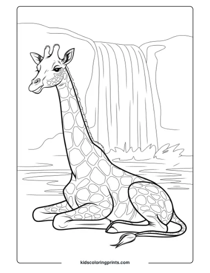 Giraffe By A Waterfall In A Serene Coloring Page, Great For Calming And Soothing Activities.
