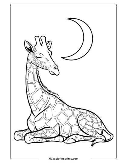 Giraffe Resting Under A Moonlit Sky In A Dreamy Coloring Page, Perfect For Bedtime Coloring.