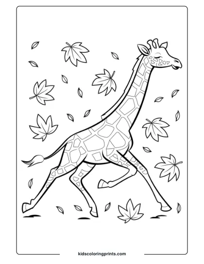 Giraffe Running In Autumn Leaves In A Lively Coloring Page, Perfect For Seasonal Fun.