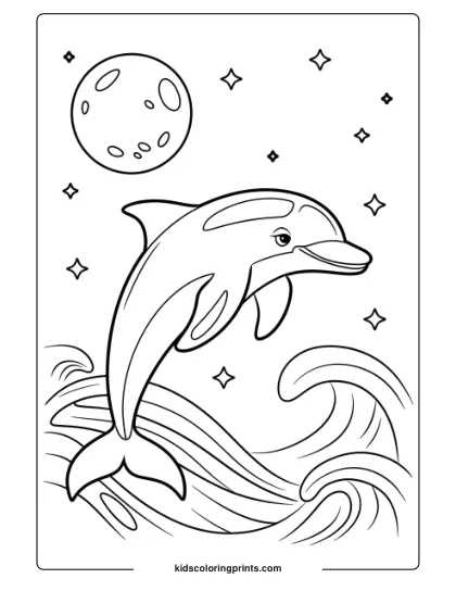 A Dolphin Gliding Under Moonlight Waves, A Serene And Calming Coloring Page.