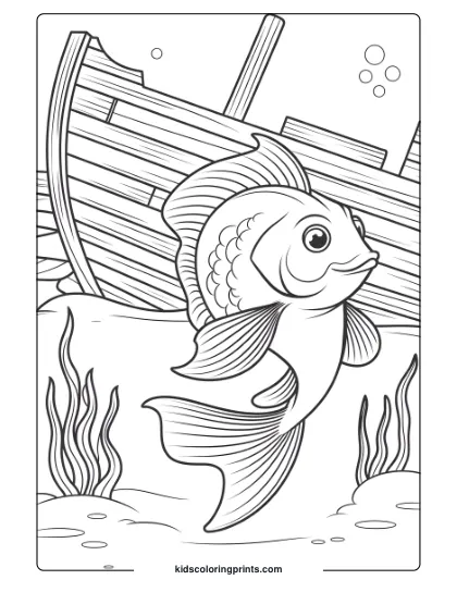 A Graceful Fish Swims By A Sunken Ship, With Bubbles Rising Around In This Mysterious Underwater Coloring Page.